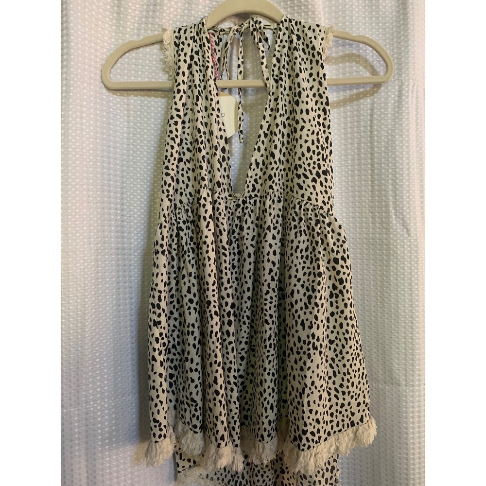 Umgee Womens Animal Print Halter Babydoll Top Black‎ White Fringe V-Neck NWT